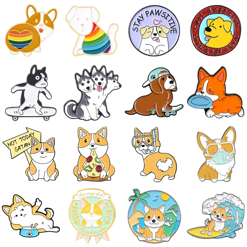 Cartoon Cute Animal Dog Corgi Enamel Pins Puppy Surfing Sea Play Skateboard Round Heart Alloy Brooch Badge Sweet Woman Jewelry