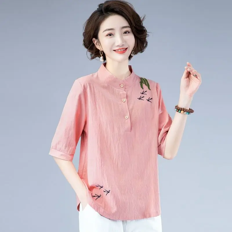 

Cotton Linen T-shirt Literature Art Retro Women's Summer New Oversize Loose Half Sleeve Stand Collar Blouse Top 4XL