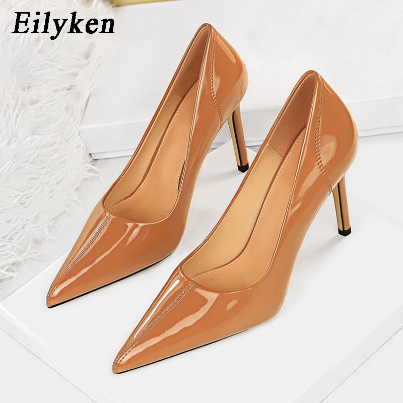 

Eilyken Spring Fashion Patent Leather Pointed Toe Solid Color Stiletto Simple Slip-On Women Big Red Wedding Party Pumps Shoes