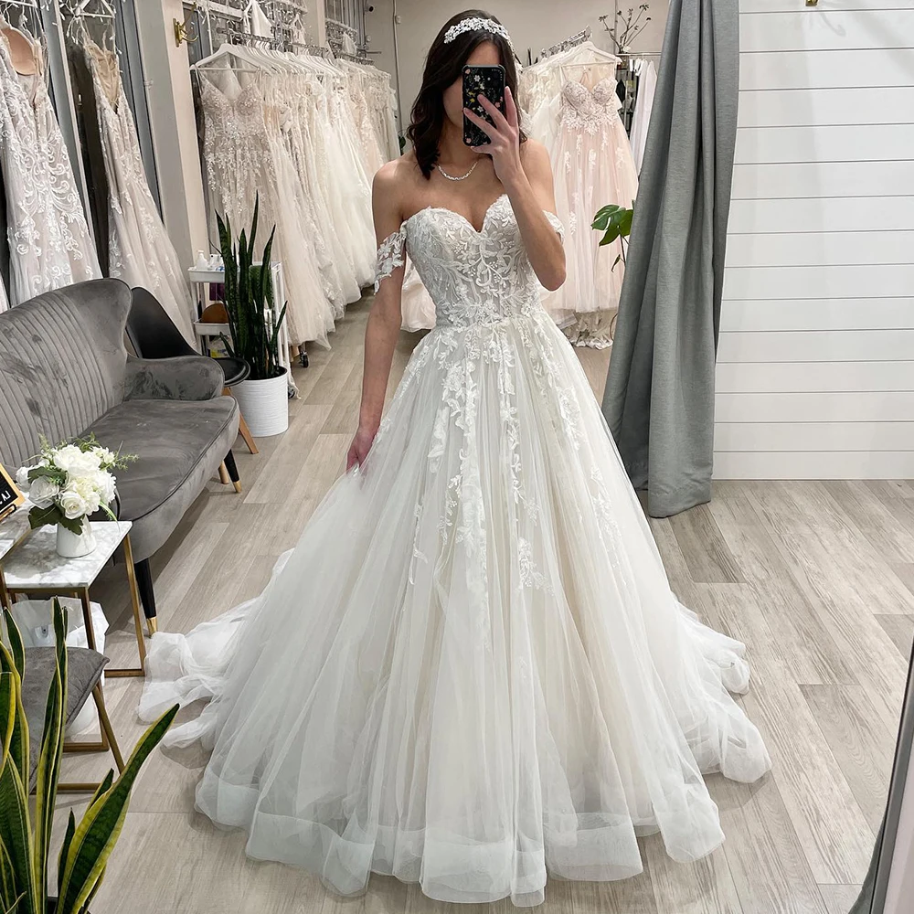 

Elegant Wedding Dresses For Women 2022 Lace Applique A-Line Wedding Gowns Sweep Train Long Puffy Bride Dress vestidos de noviaEl