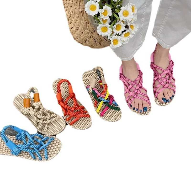 Новинка женские льняные сандалии FHC на плоской подошве летние с плетеным шнурком