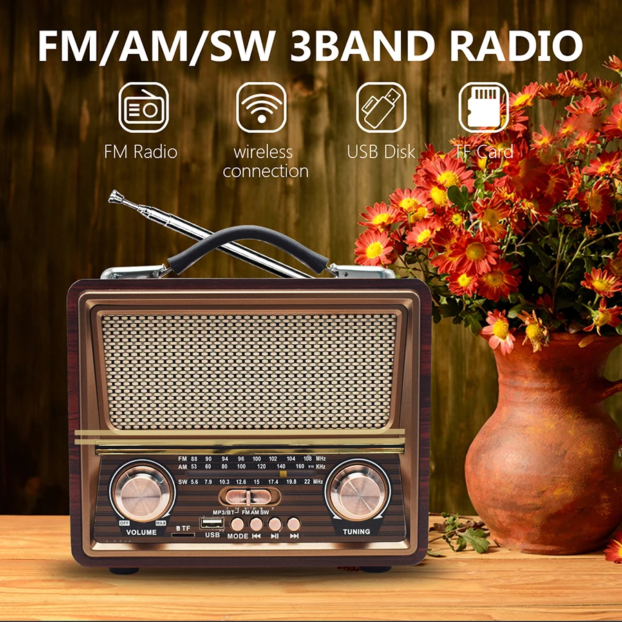 Enlarge R-2055bt Radio AM FM SW portable radio old classic speaker TF card USB Wireless Bluetooth speaker radio player retro radio