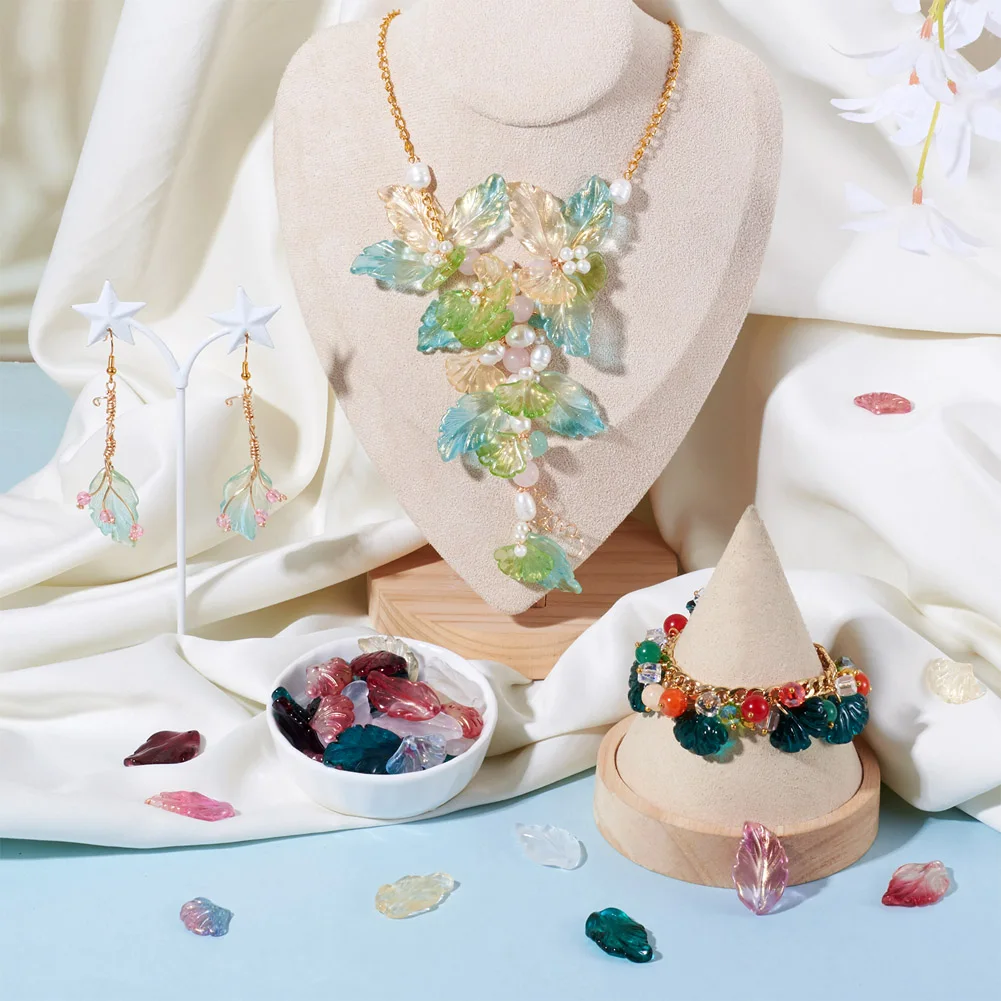 140pcs Ginkgo Leaf Glass Charms Gold Foil Lampwork Leaves Beads Pendant for DIY Earring Necklace Jewelry Craft Making Findings