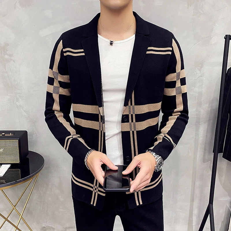 

2023 Men's Knitted Sweater Jacket Men Fashion High Quality Brand Slim Striped Long Sleeve Suit Collar Cardigan Wool Jacket Coat