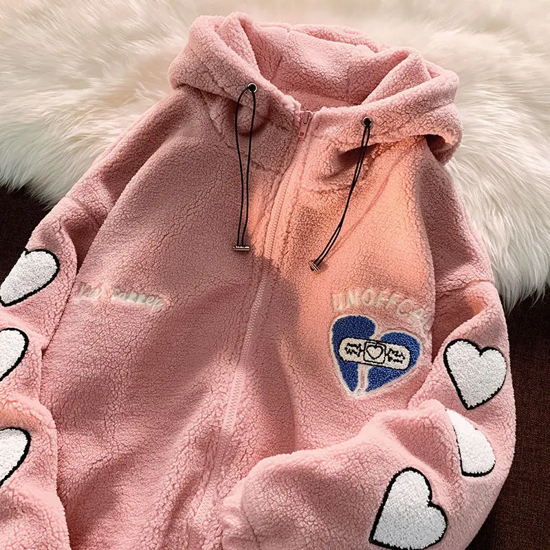

Love pink fleece jacket women warm cute sweet campus style couple wear winter jacket unisex speed delivery korean coats women