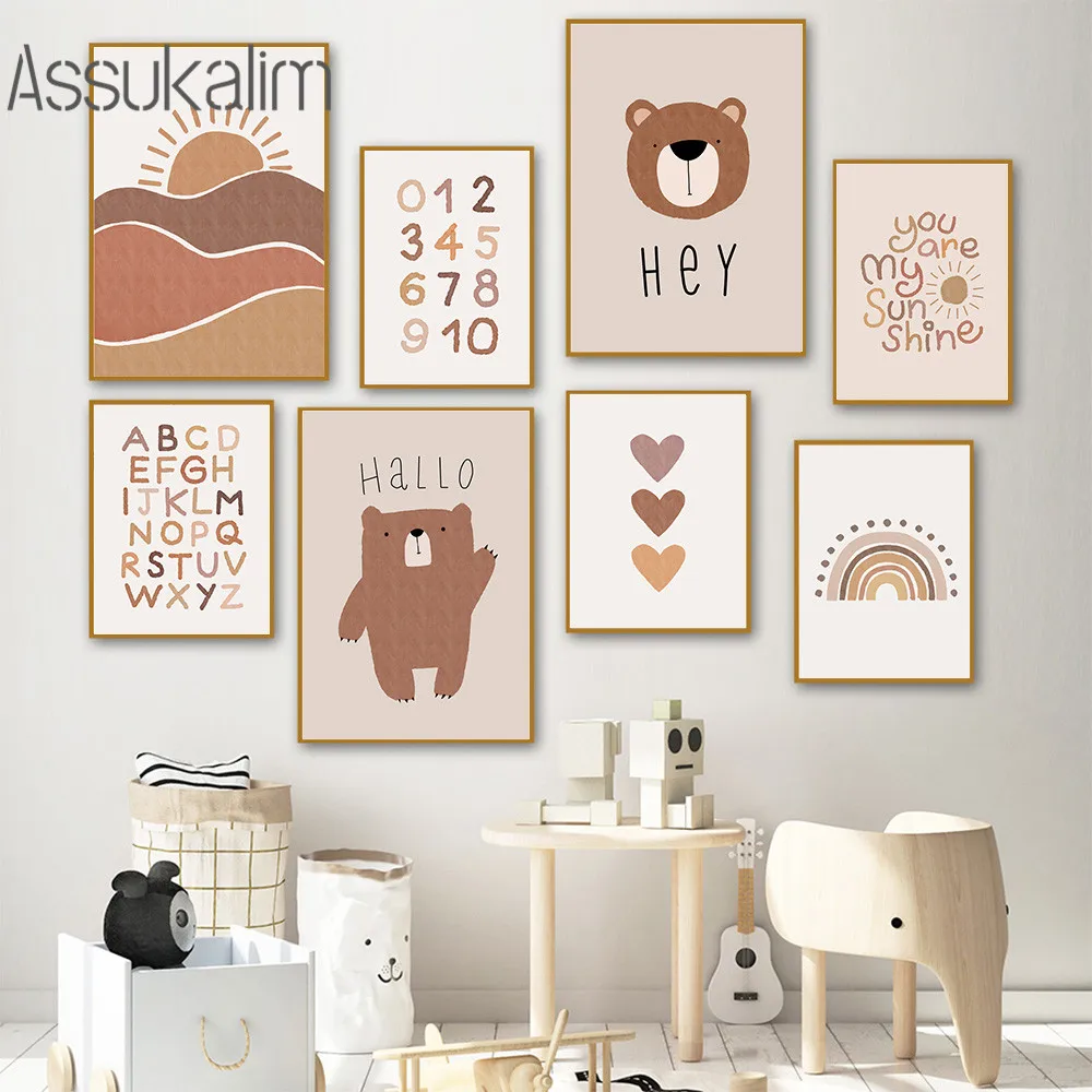

Bear Poster ABC Alphabet Posters Nursery Wall Art Painting Sun Rainbow Canvas Print Boho Wall Pictures For Kids Room Decoration