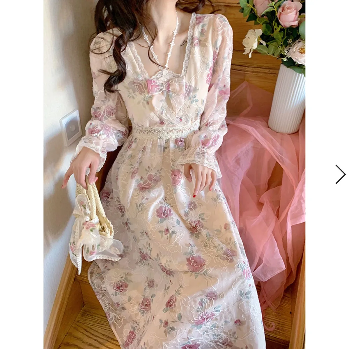 

Sweet Girl Pink Summer Long Dresschiffon Fairy Dress Women Floral Print Korean Floral Dress Female Evening Party Dress Spring