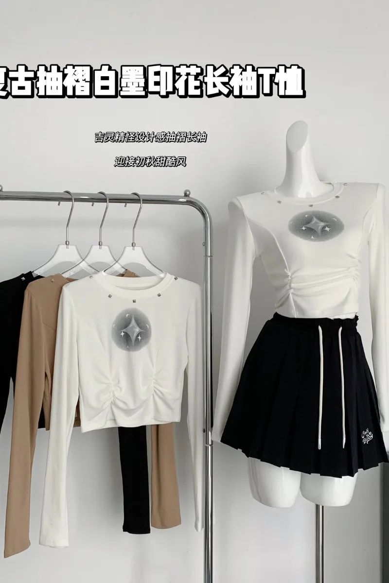 Женская плиссированная футболка в американском ретро-стиле Y2K дизайнерский топ с