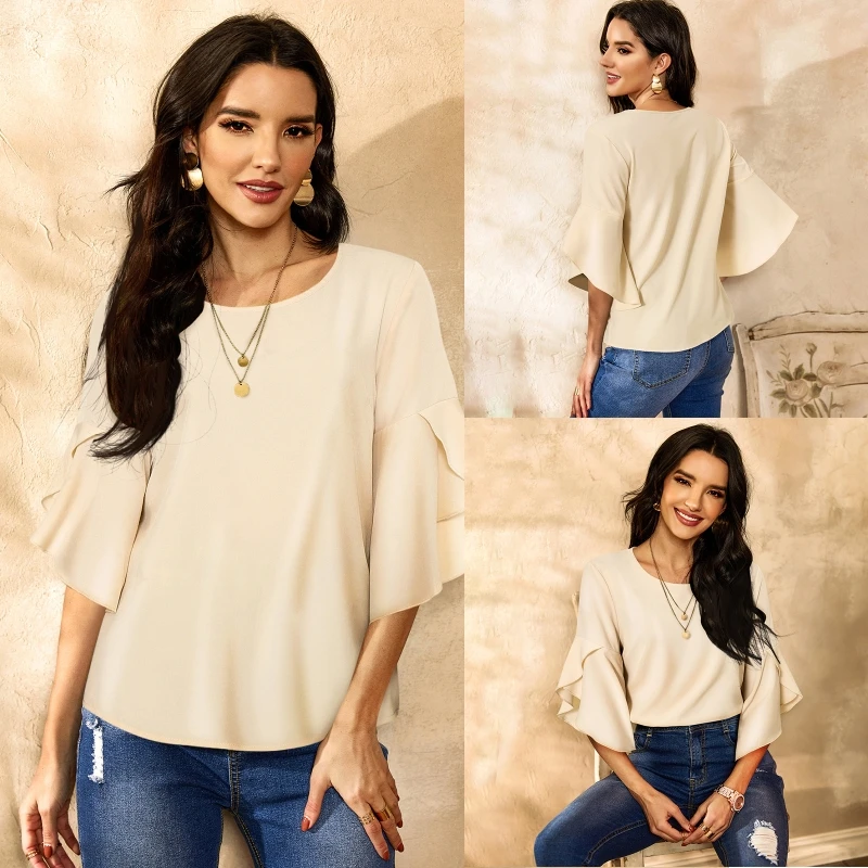 

Women's Loose Casual Chiffon Top T-Shirt Blouse Short Flare Sleeve Tees Tops