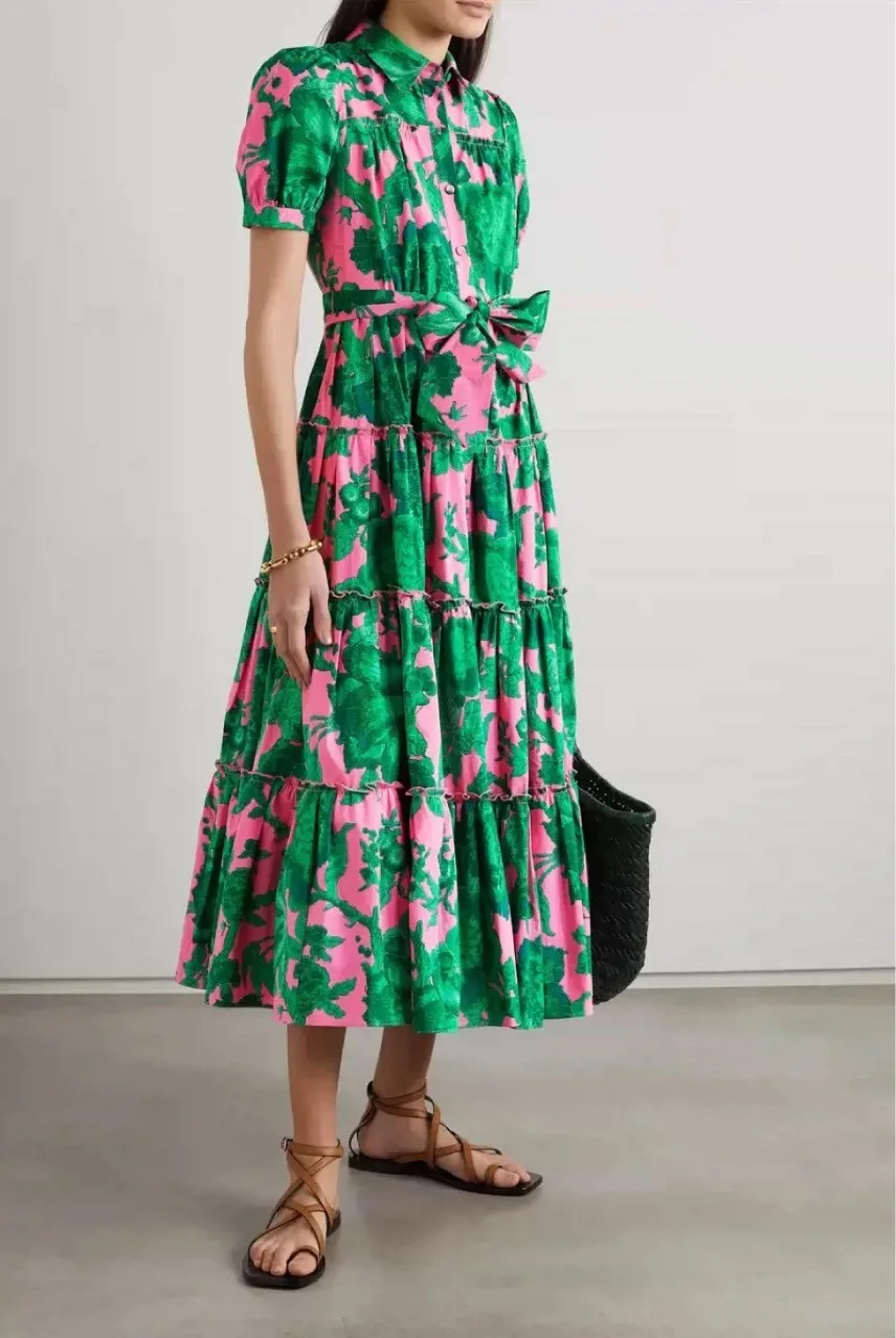 Vibrant Florals and Rich Flowing Cotton Women Long Dress Puff sleeves Flowing Pleated Skirt Elegant Retro Queena Dresses