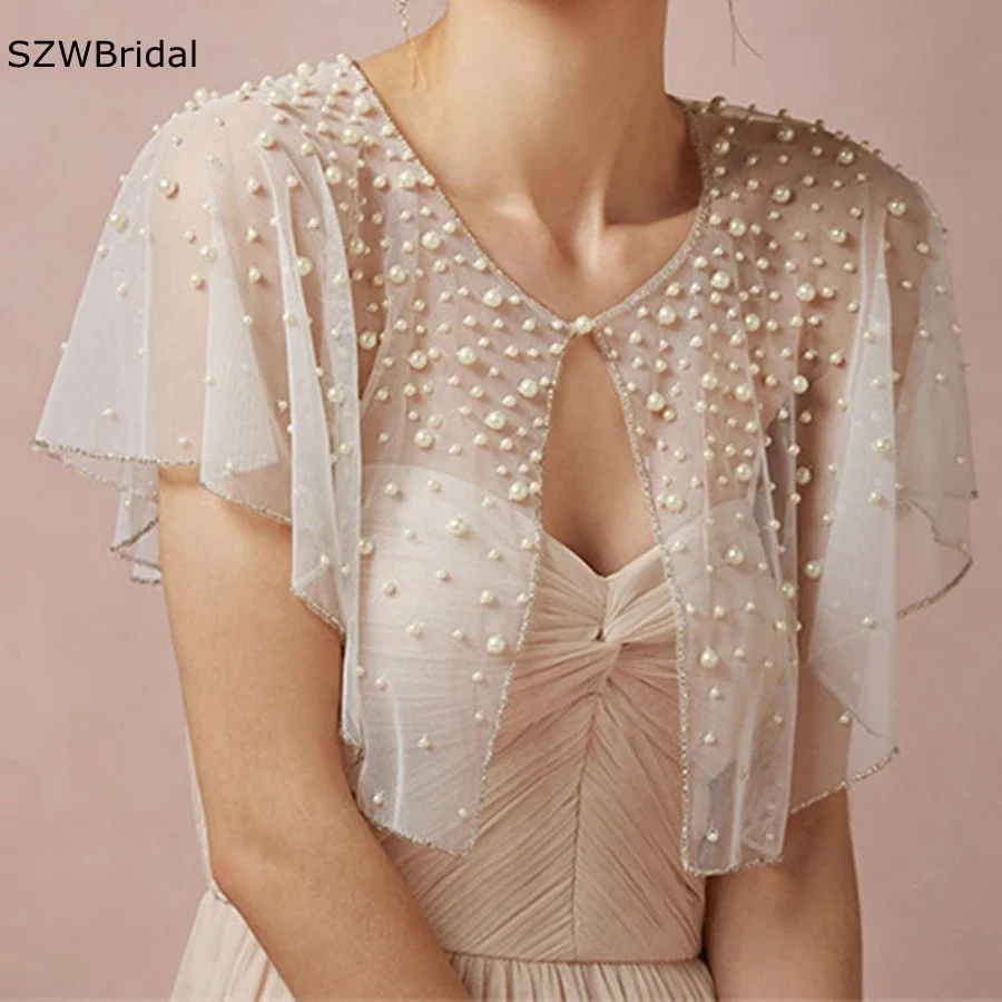 

Hot Sale Bride Pearls Tulle Wedding Shawl Satin Bolero Jackets For Bridal Party Coat Bridal Wrap Cape Complementos De Boda