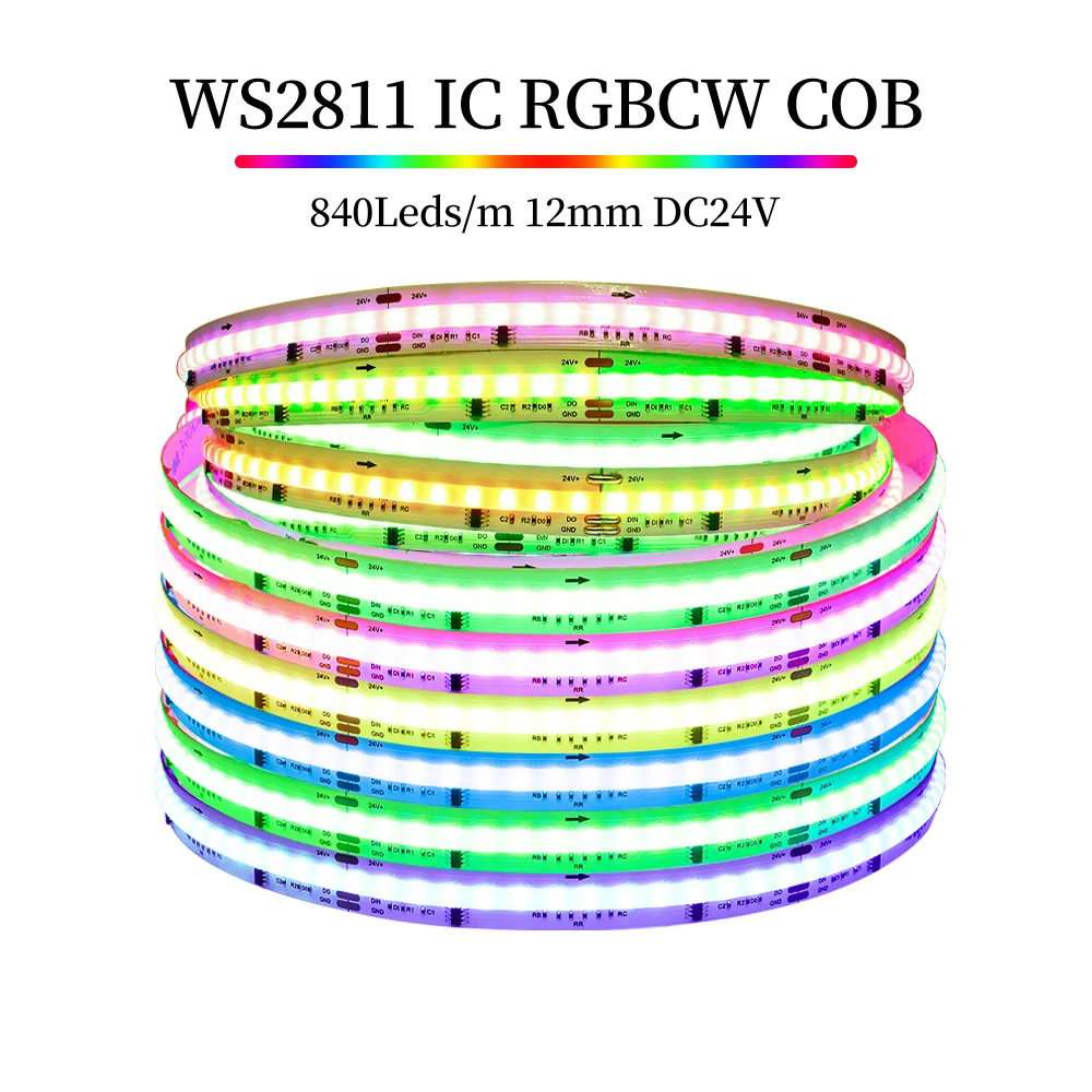 WS2811 IC Адресуемая RGBCCT COB Светодиодная лента 840 светодиодов/м 12 мм умная