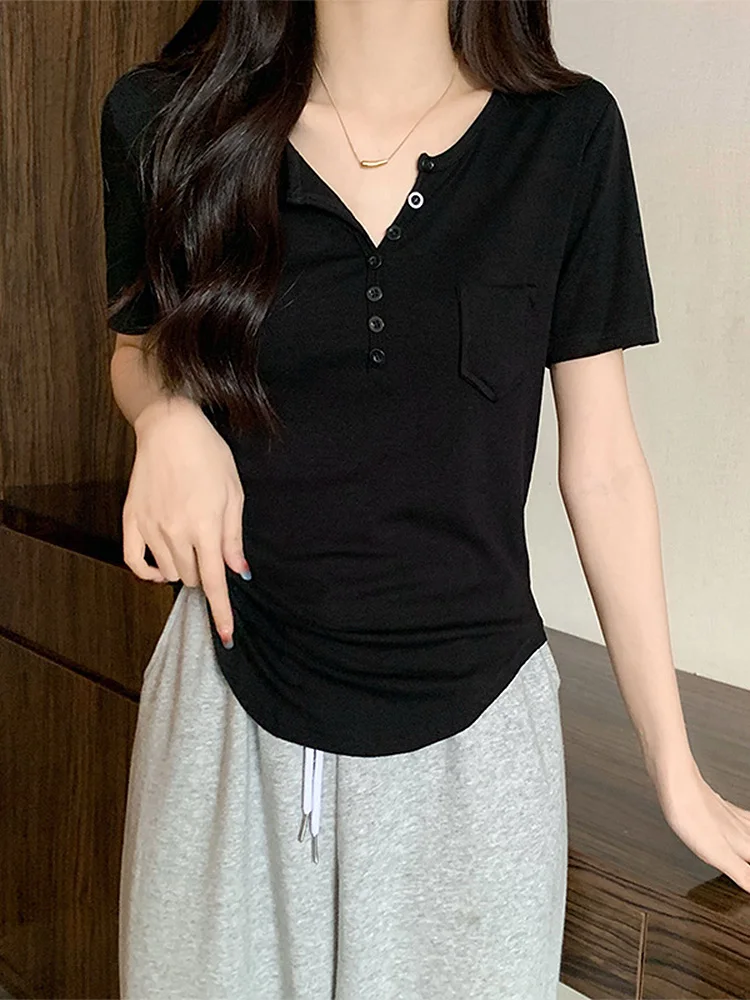 

BETHQUENOY Round Neck Front Buttoned Tshirts With Chest Pocket Women Summer Top 2023 Asymmetric Hem Tee Shirt Femme Camisetas