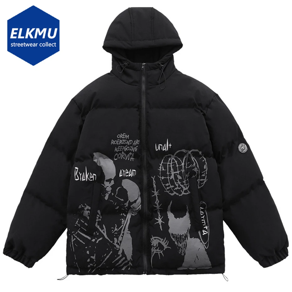 Hip Hop Coats Skulls Graffiti Fashion Streetwear Winter Parkas Men's Loose Hooded Thicken Warm Padded Jackets