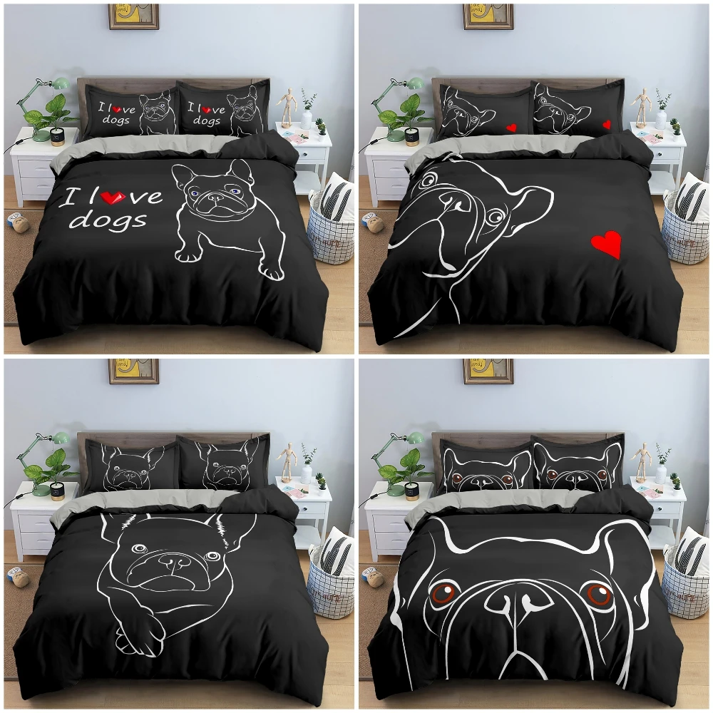 

Juego de funda nórdica con estampado de Bulldog de dibujos animados, ropa de cama de tamaño King, decoración de dormitorio,