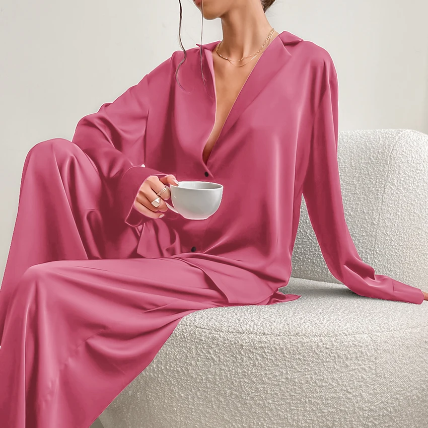 

Ночной наряд большого размера атласная Шелковая пижама с глубоким вырезом пикантная Женская однобортная пижама с длинным рукавом Широкие штаны для ног