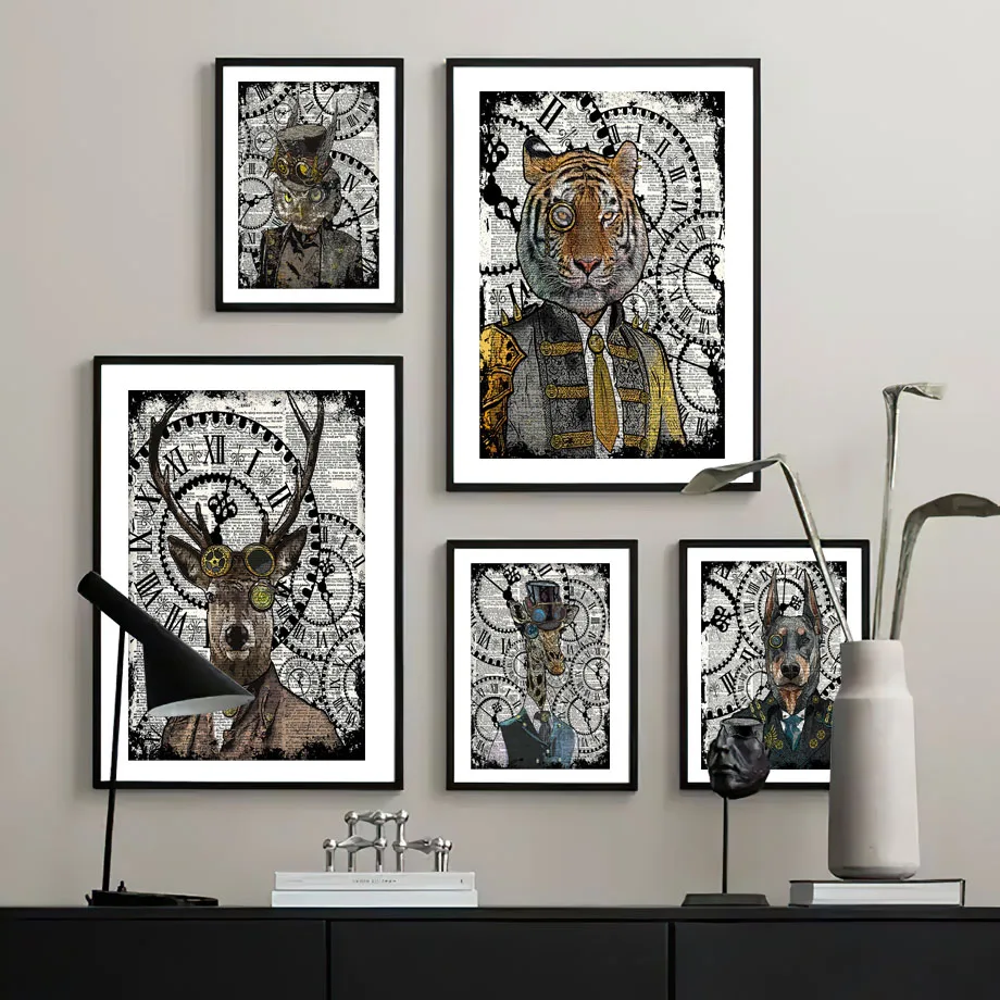 

Steampun Owl Stag Basset Sphynx Cat Goggles Wall Art Canvas Painting Nordic Poster And Prints Wall Picture For Living Room Decor