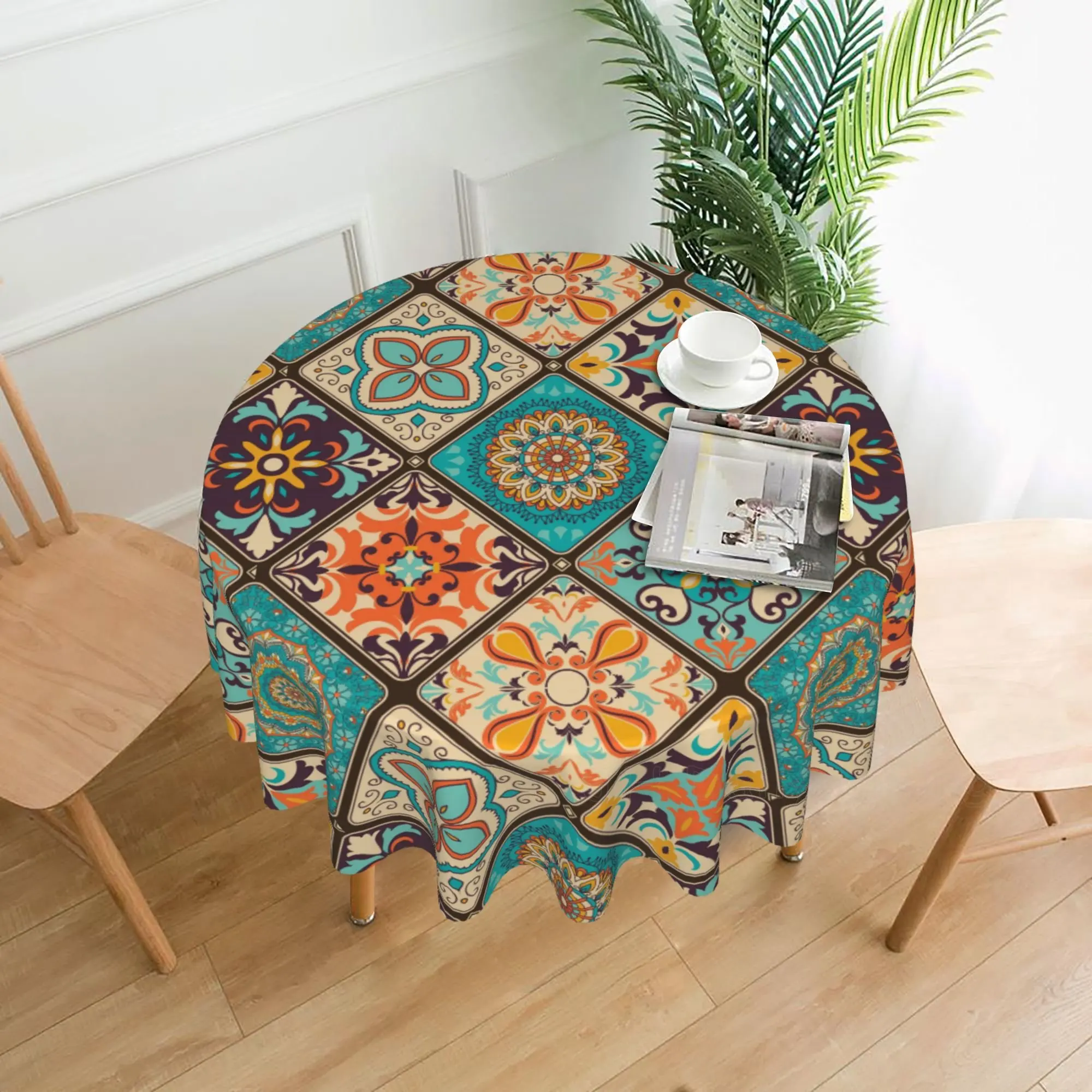 

Boho Ethnic Traditional Pattern Tablecloth 60 Inch Classic Vintage Round Table Cloth for Home Kitchen Dining Table Decoration