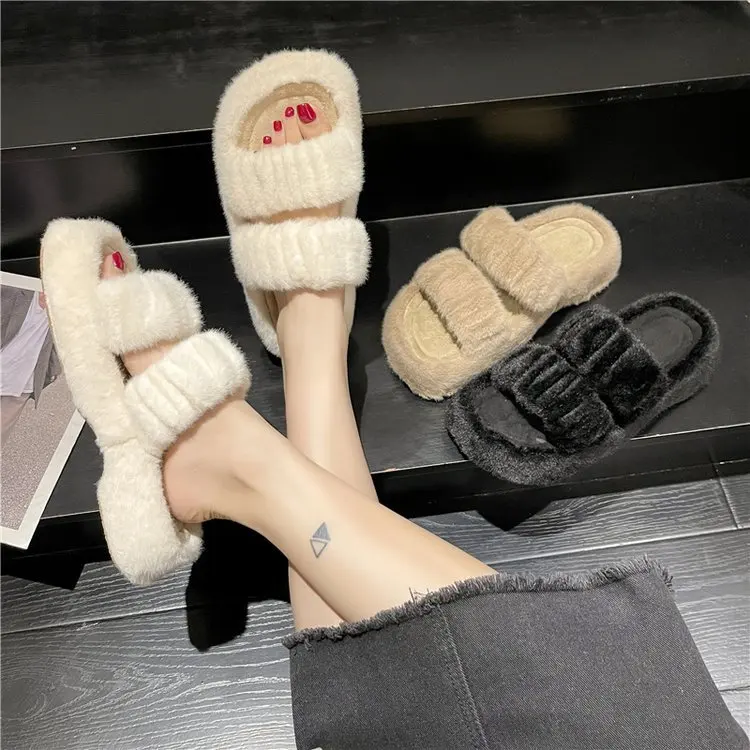 

Сланцы женские на низком каблуке, массажные Роскошные Плюшевые шлепанцы, натуральная овчина, ТПР, тапочки, модная обувь, 2022