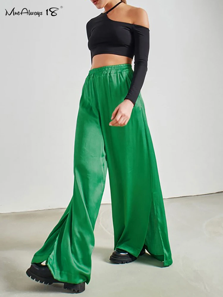 

Mnealways18 Satin Chic And Elegant Woman Oversized Pants Elastic Waist Split Palazzo Pants Casual Fashion Loose Green Long Pants