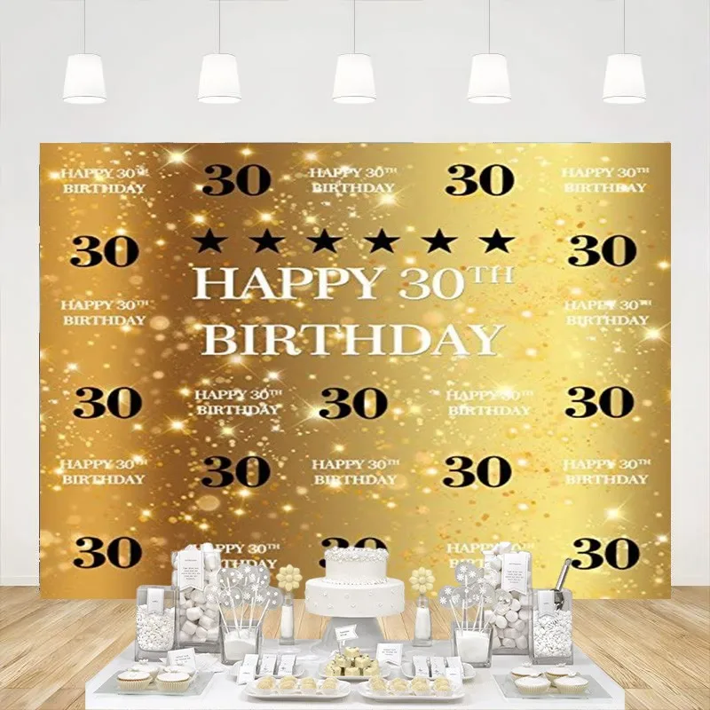 

Happy 30th Birthday Photography Background Gold Flash Thirty Years Old Backdrop Party Decoration Banner Photo Booth Studio Props