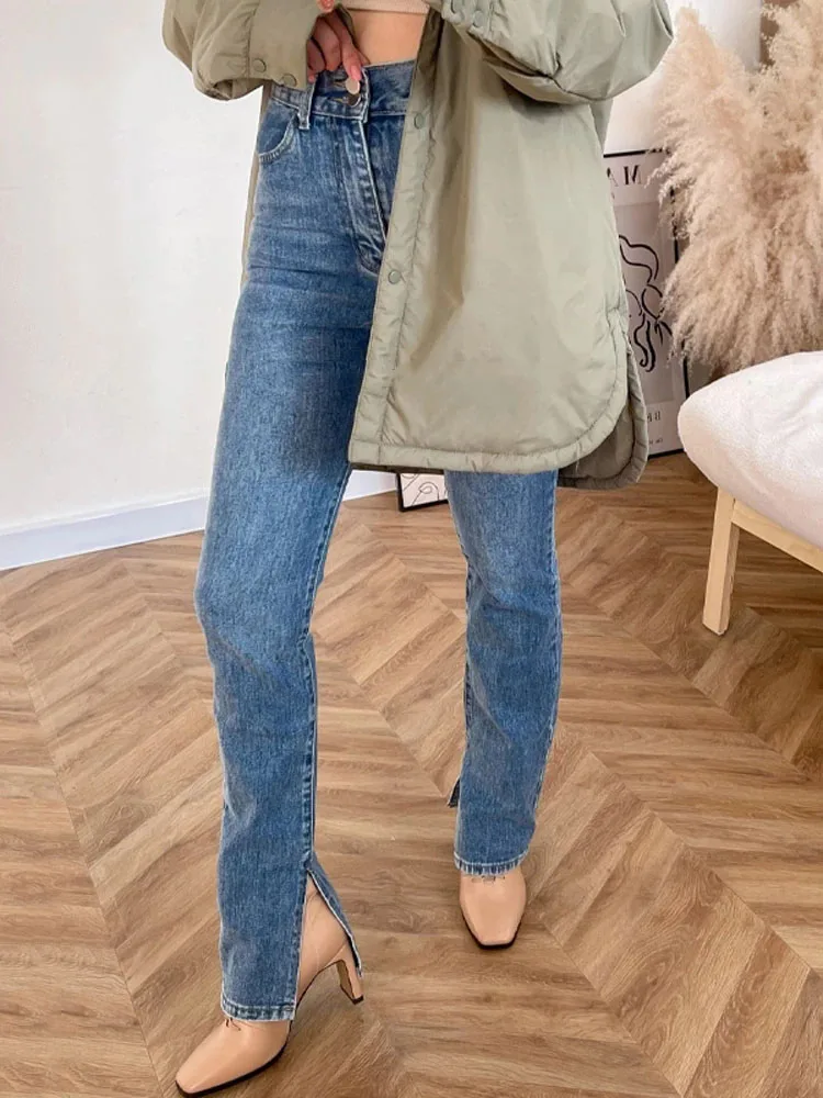 

CamKemsey повседневные женские брюки с завышенной талией, женские винтажные расклешенные брюки с разрезом, женские хлопковые джинсовые брюки, корейские Панталоны