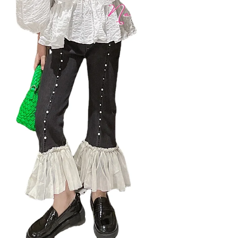 

Girls' jeans autumn clothes 2022 new children's foreign style spring trousers little girl Korean version mesh casual pants