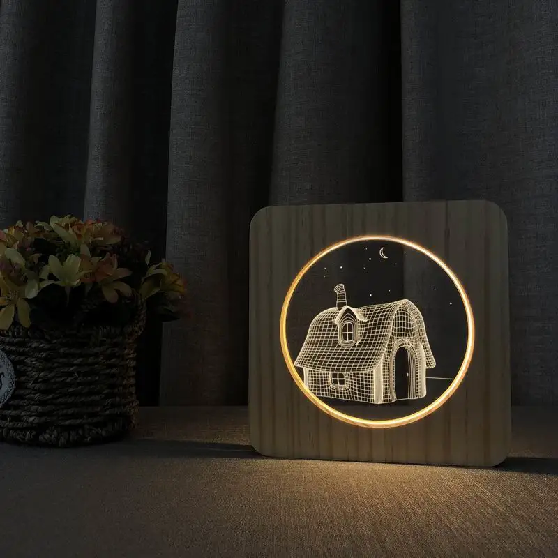 

Cozy House 3D Wood Acrylic Lamp Night Light Wooden 3D LED Table Lamp Warm White Bedroom Decoration Creative Christmas Birthday G