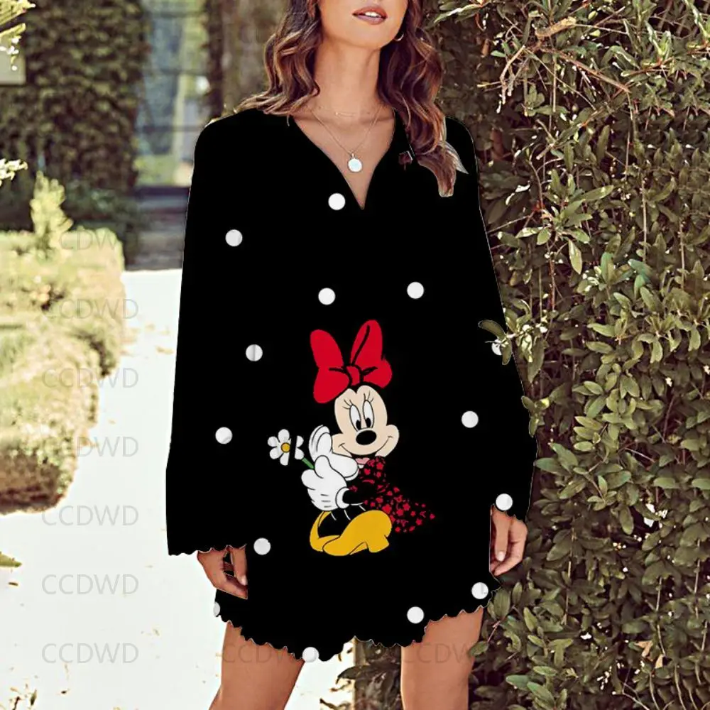 

Mini Dress Petal Sleeve Elegant Dresses for Women Fashion Casual Summer Women's Dresses Mickey Lace Disney Minnie Mouse V-Neck