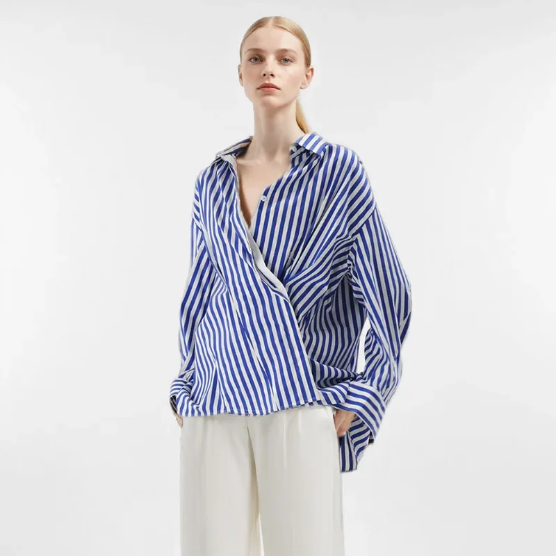 Fashionable Casual Long Sleeve Shirt Street Style Blue And White Striped Design Autumn New Arrival Women's Button-Up Top