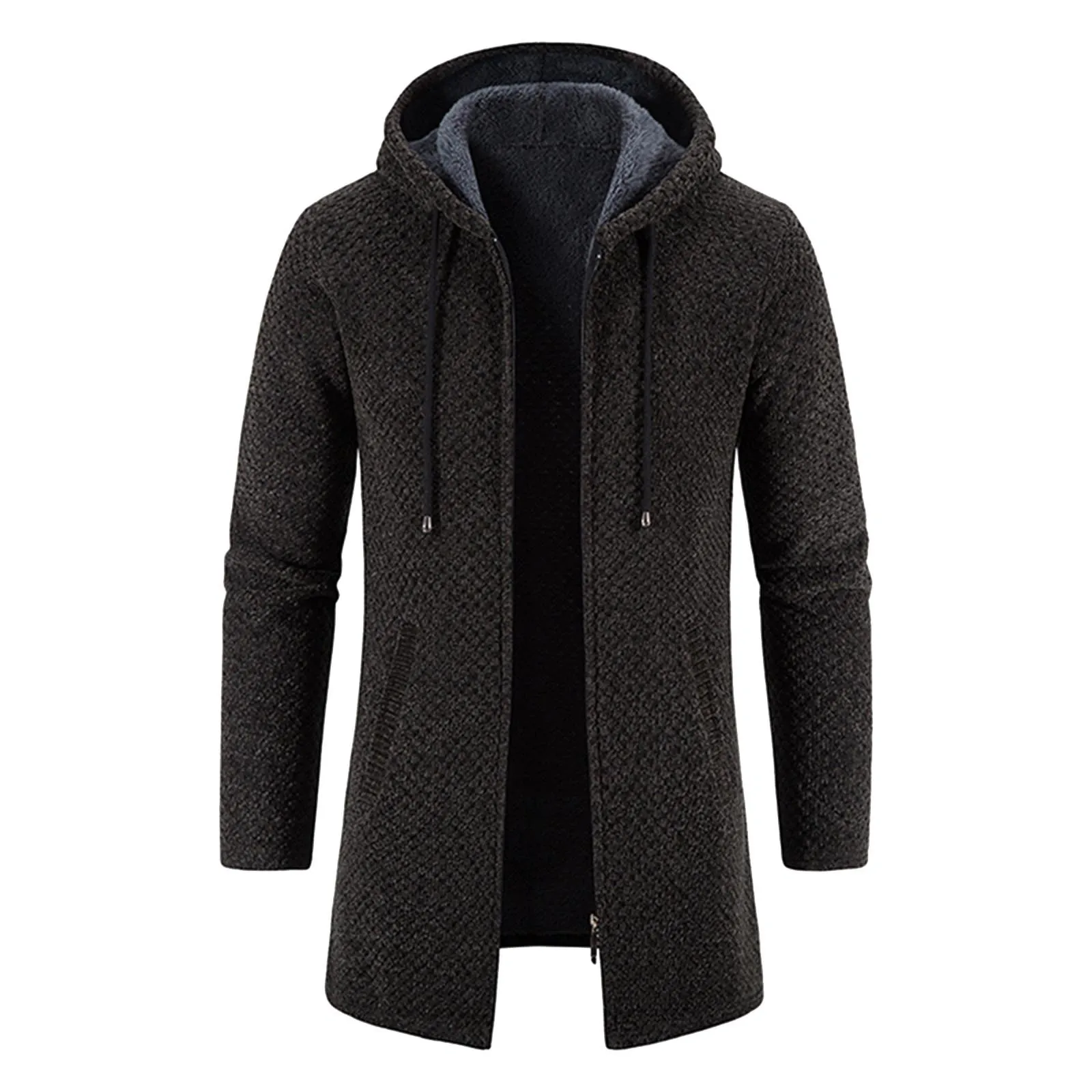 Mens Autumn And Winter Solid Hooded Zipper Warm Cardigan Knitted Coat