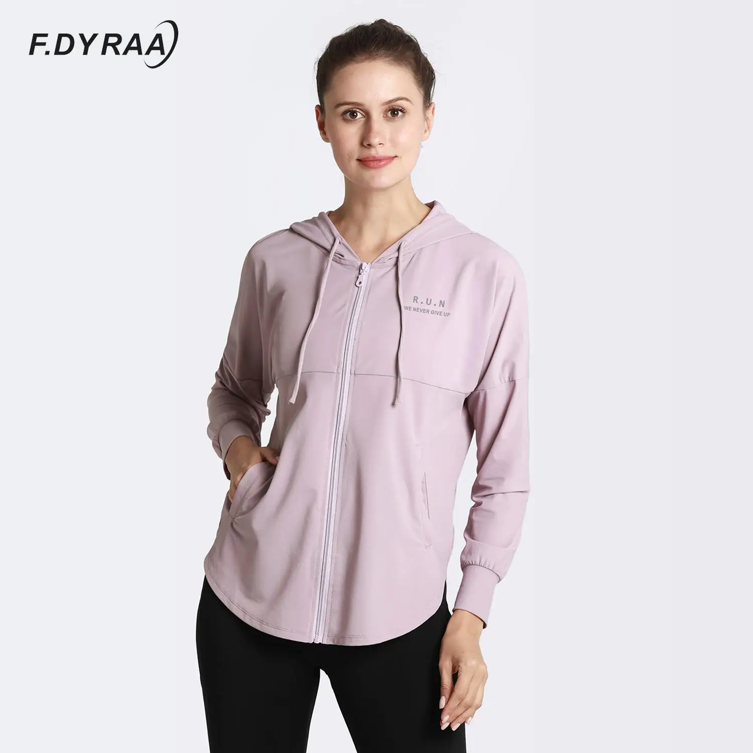 F.DYRAA Women Running Zipper Hooded Jackets Loose Sports Long Sleeve Coats Quick Dry Fitness Yoga Workout Outerwear For Woman