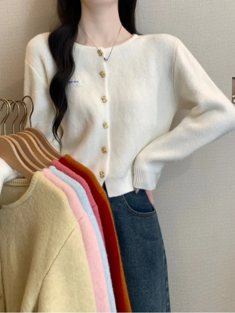 Изящный нежный вязаный кардиган с круглым вырезом и милым бантом пряжкой женский