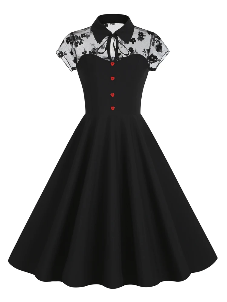 

Женское винтажное платье с контрастной цветочной сеткой, черное платье миди с отложным воротником, пуговицами спереди и коротким рукавом, Н...