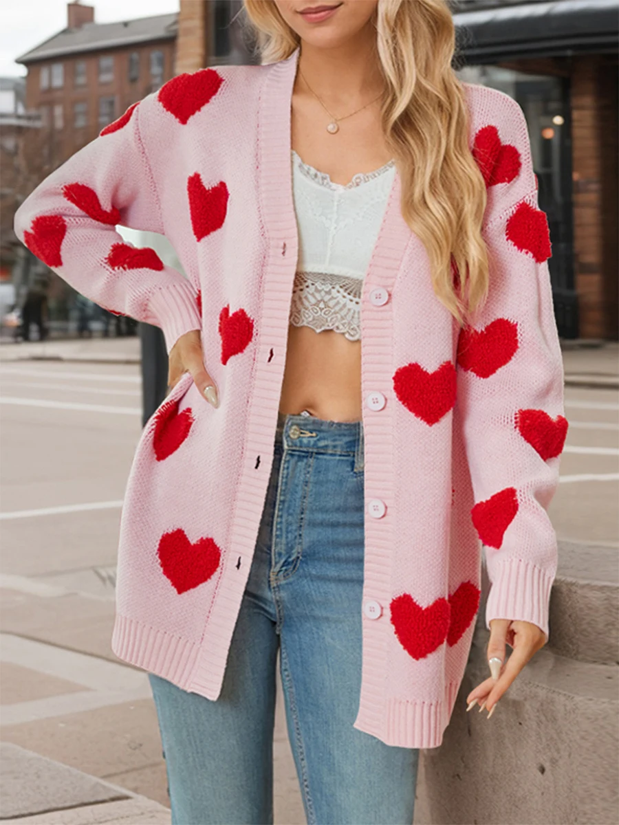 Женский кардиган большого размера с нечеткими сердечками и вышивкой длинным