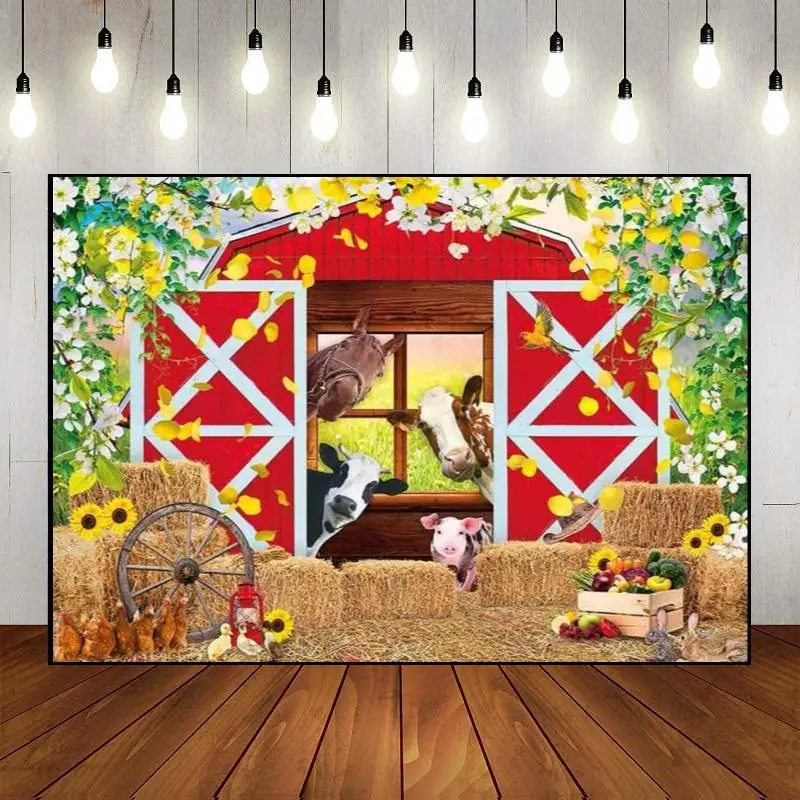 Красный сарай мультфильм фермерские животные тема с днем рождения фон для
