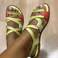 2022 women summer open toe cross tied gladiator sandals flats vintage pu leather casual ladies beach shoes footwear plus size