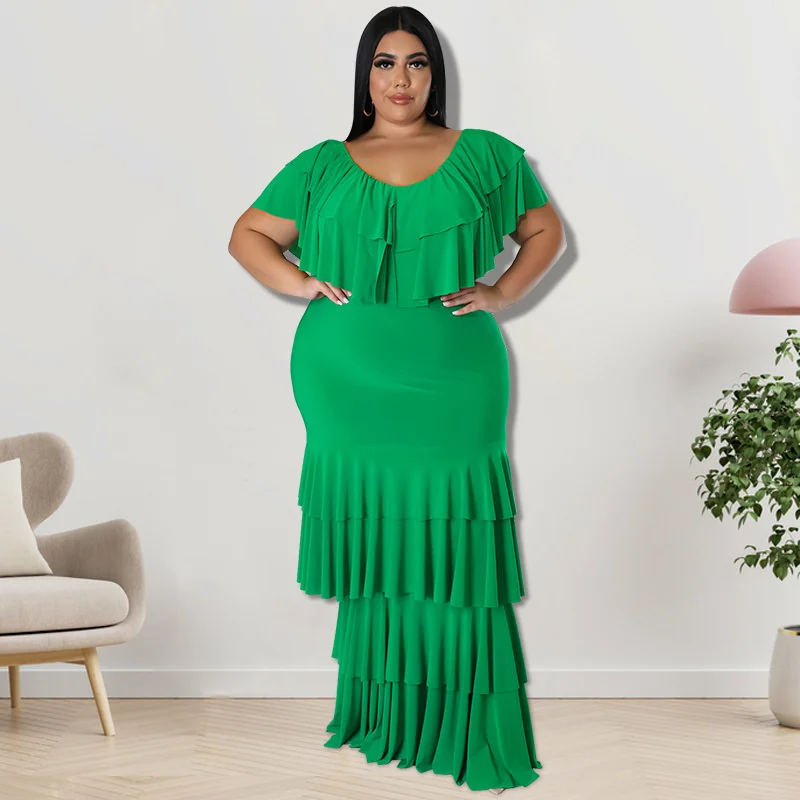 Plus Size Dresses Elegant Women's Round Neck Solid Color Multi Segment Splicing Large Pendulum Long Prom Dress