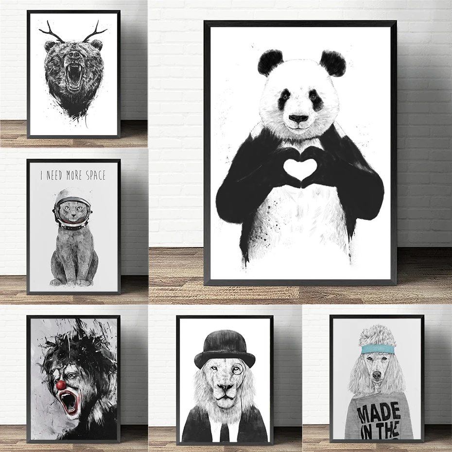 

Abstract Animal Poster Panda Dog Lion Cat Bear Black and White Canvas Painting Nordic Home Wall Art Decor forLiving Room Picture
