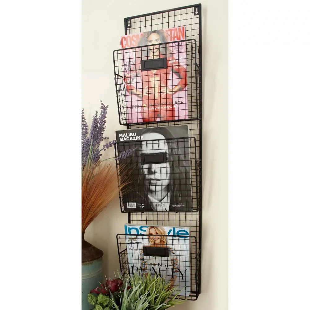 

38" Black Metal 3 Slots Magazine Rack Holder with Suspended Baskets and Label Slots