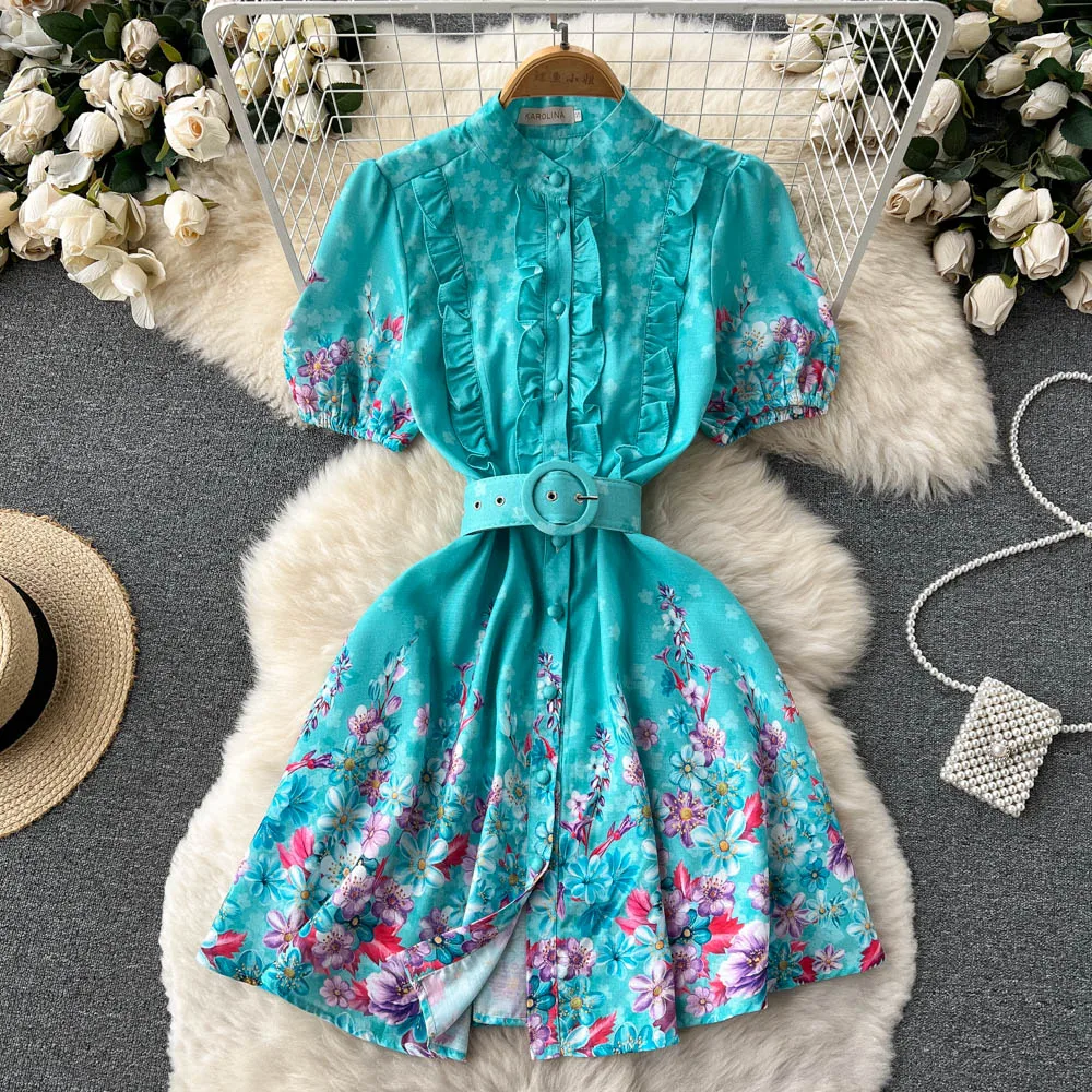 

Retro French Niche Stand-up Collar Single-breasted Puff Sleeve Dress Women's 2022 Summer Tie-waisted Thin Floral A-line Skirt