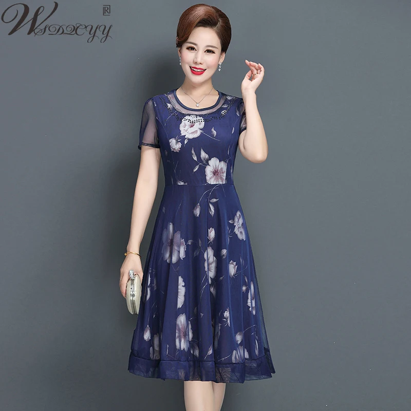 Women Summer Chiffon Dress 2023 Vintage Floral Midi Dress Plus Size Middle-Aged Casual Short Sleeve Loose Dress Elegant Vestidos