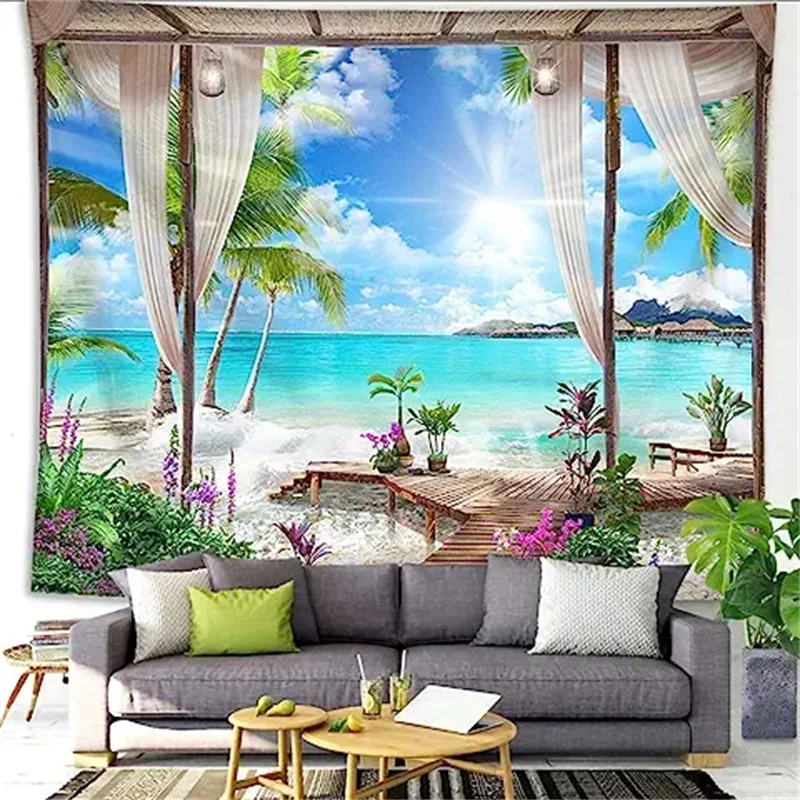 

Window Ocean Beach Tapestry Coconut Tree Wall Hanging Palm Tree Tropical Paradise Hawaii Landscape Nature Scenery Living Room