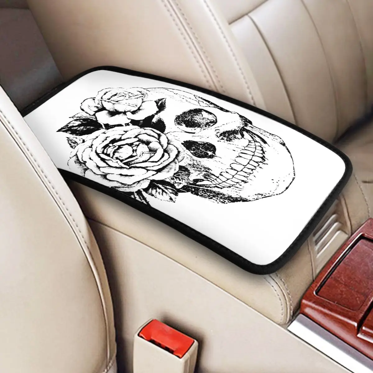 

Leather Center Console Cover Pad Universal Floral Skull Anatomical Car Armrest Cover Mat Storage Box Cover