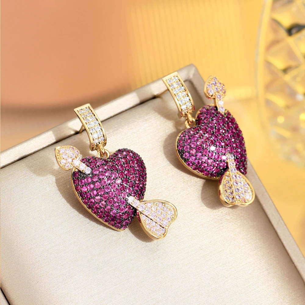 

BeaQueen New Fashion Heart Arrow Drop Earrings Red Micro Paved Cubic Zirconia Gold Plated Engagement Jewelry for Women Gift E535