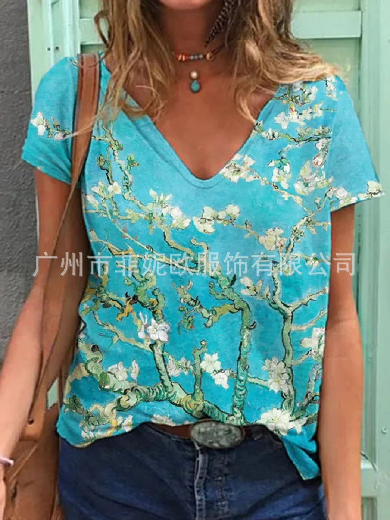 

2022 Summer Popular European and American Oil Painting Print V-Neck Short Sleeve Women's T-Shirt