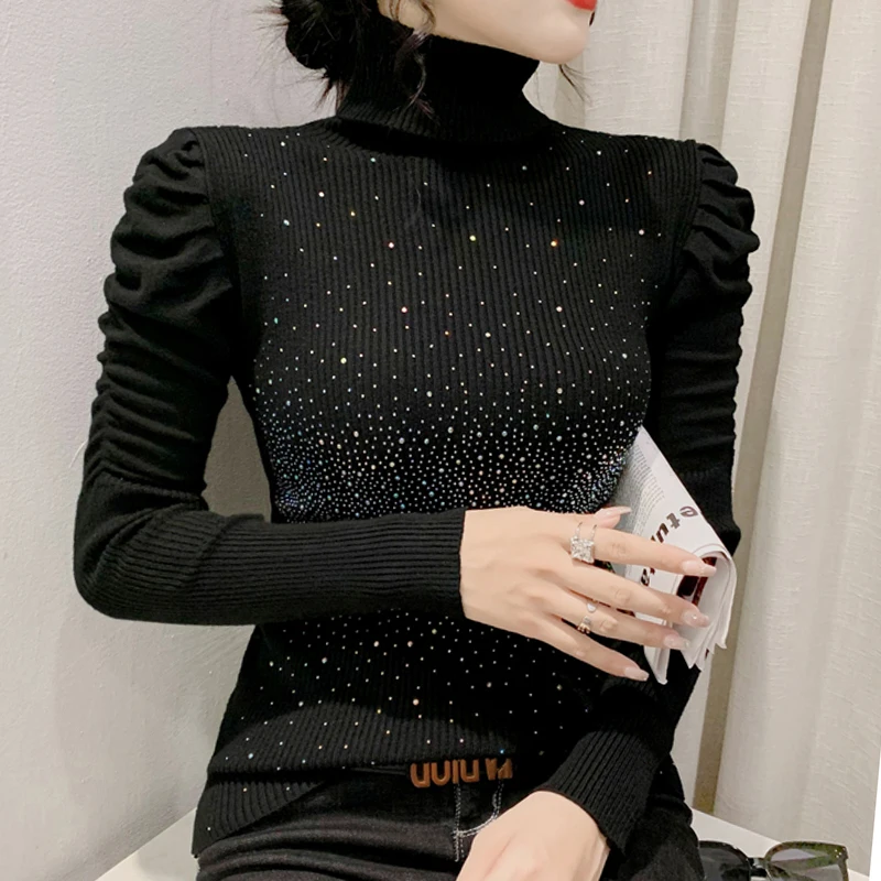 

High-Neck Pretty Diamond-Studded Autumn Puffer Long Sleeves Solid Color Stylish Versatile Knitted Pleated Pullover Sweater