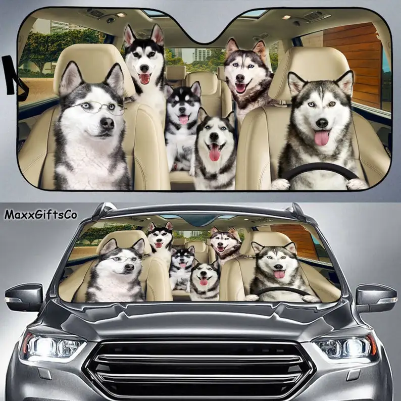 

Siberian Husky Car Sun Shade, Siberian Husky Windshield, Family Siberian Husky Auto Sunshade, Siberian Husky Car Accessories