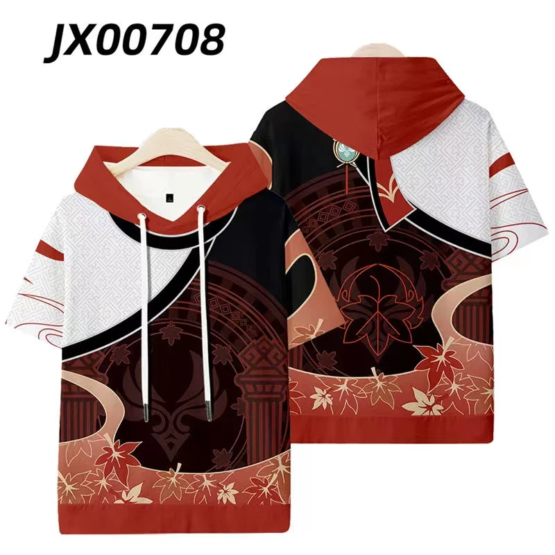 Anime Genshin Impact 3D Print Oversized T Shirt Kaedehara Kazuha Cosplay Short Sleeve Hooded T-shirt Casual Loose Pullover Tops