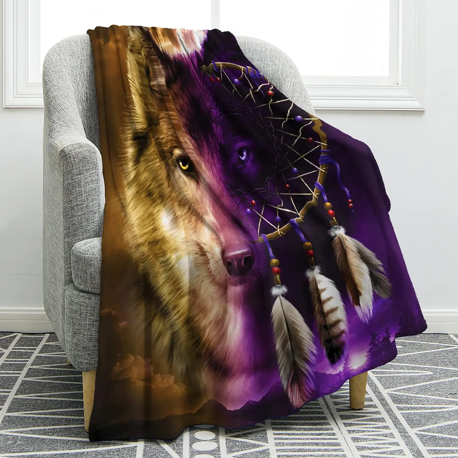 

Wolf Dream Catcher Blanket Print Soft Comfort Warm Throw Blanket for Couch Bed Sofa Travelling Camping Gifts Large Name Custom